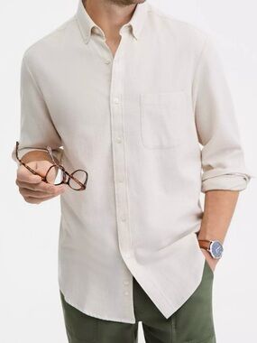 Club Room Mens Flannel Shirt Large Beige Button Down Regular Fit Cotton Pocket